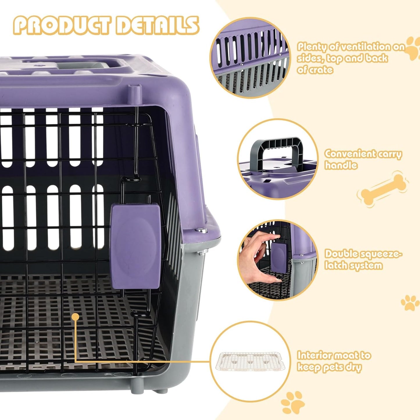 2 Set 17.5" Hard-Sided Travel Pet Carriers for Small Dogs and Cats Plastic Dog Crate Cat Kennel with Door, Ventilation and Security Lock Portable Carrier for Car Airline Travel,Up to 13Lbs(Purple)