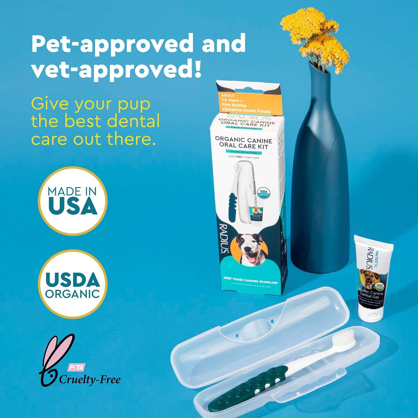 RADIUS USDA Organic Dental Solutions Adult Kit 2 Units, Includes 1 Dog Toothbrush & 1 0.8oz Toothpaste, Firm Bristle & Non Toxic Toothpaste for Dogs, Designed to Clean Teeth, Xylitol Free