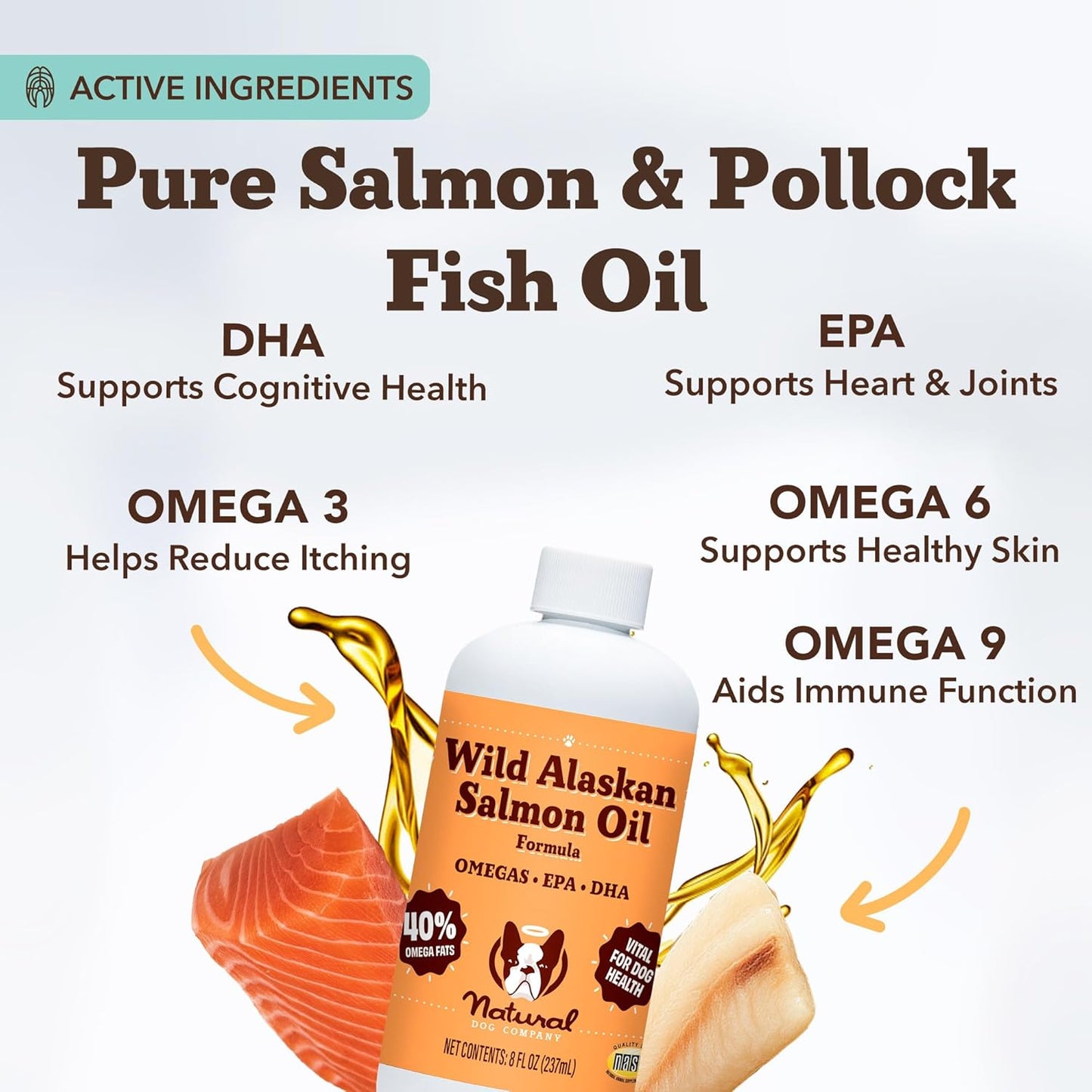 Natural Dog Company Wild Alaskan Salmon Oil Formula with Omega 3, Fish Oil for Dogs Supplement, Skin & Coat Dog Oil, Itchy Relief, Immune Support for Joints & Heart, Food Topper, 8 oz.