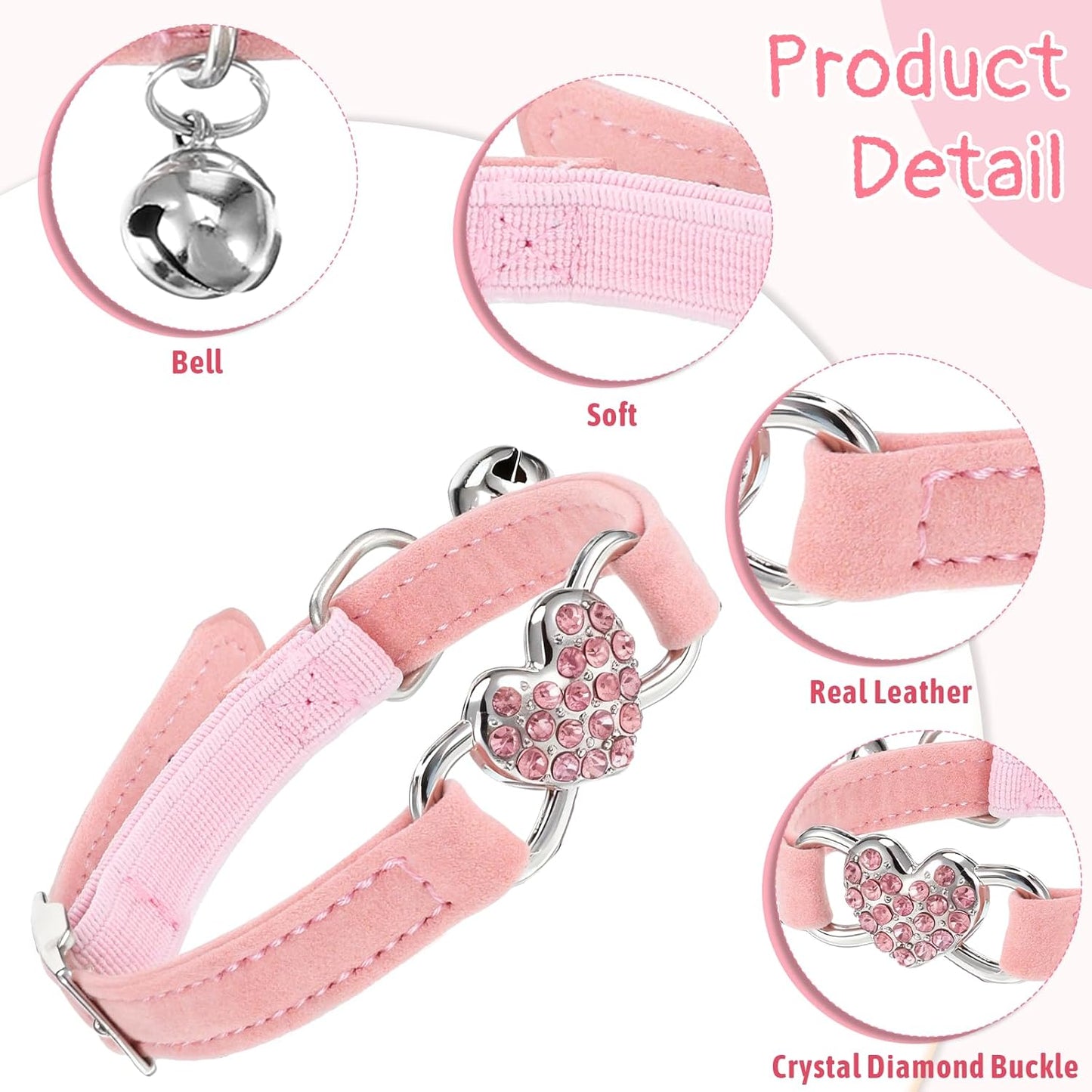 Adjustable Cat Collar, Cat Collars for Girl Cats, Bling Rhinestone Heart,Pink Cats Collar, Pink Puppy Collars with Bell, 8-11 Inches