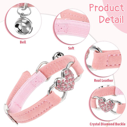 Adjustable Cat Collar, Cat Collars for Girl Cats, Bling Rhinestone Heart,Pink Cats Collar, Pink Puppy Collars with Bell, 8-11 Inches