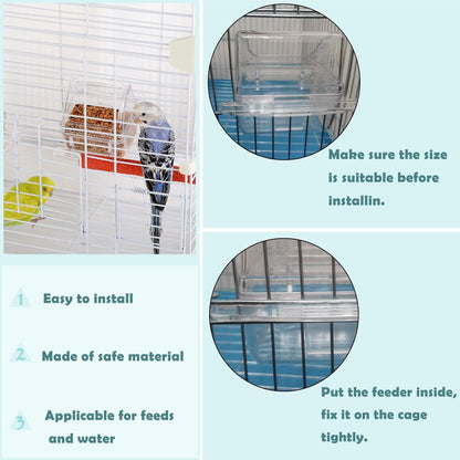 IBWell 2 Pack Clear Water Bowl and Food Container - Bird Cage Feeder With Perch for Parakeets - No Mess Design