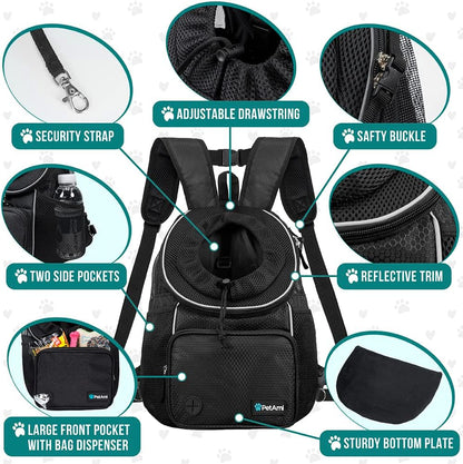 PetAmi Adjustable Dog & Cat Chest Carrier Backpack, Ventilated for Hiking, Camping & Travel, Max 10 lbs, Black