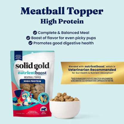 Solid Gold Meatball Dog Food Toppers for Dry Food- High Protein Beef Meatball Topper for Dogs - Complete Meal, Meal Mix in or Soft Dog Treats - Supports Gut Health - 3 Pack *Refrigerate After Opening*