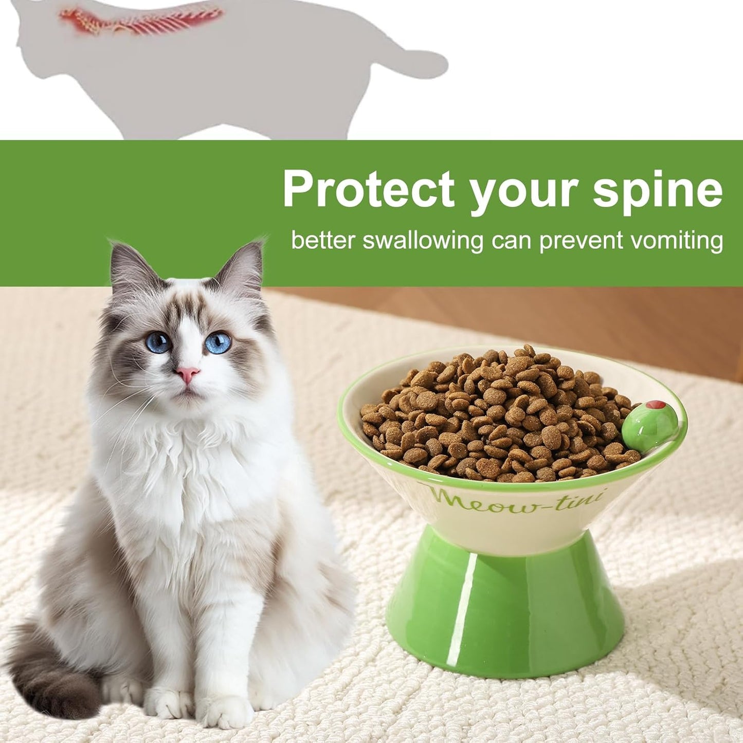 Elevated Cat Bowls Whisker Friendly. Ceramic Raised Whisker Fatigue Cat Bowl for Indoor Cats Protect The Spine and Prevent Vomiting,Meowtini Cat Bowl