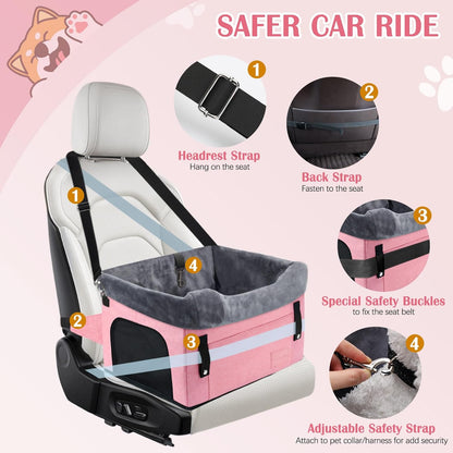 PetsHome Dog Car Seat for Small Dogs, Detachable Washable Dog Booster Car Seat with Storage Pocket, Breathable Mesh, Safety Leash, Adjustable Straps for Small Pets Up to 25lbs-Pink