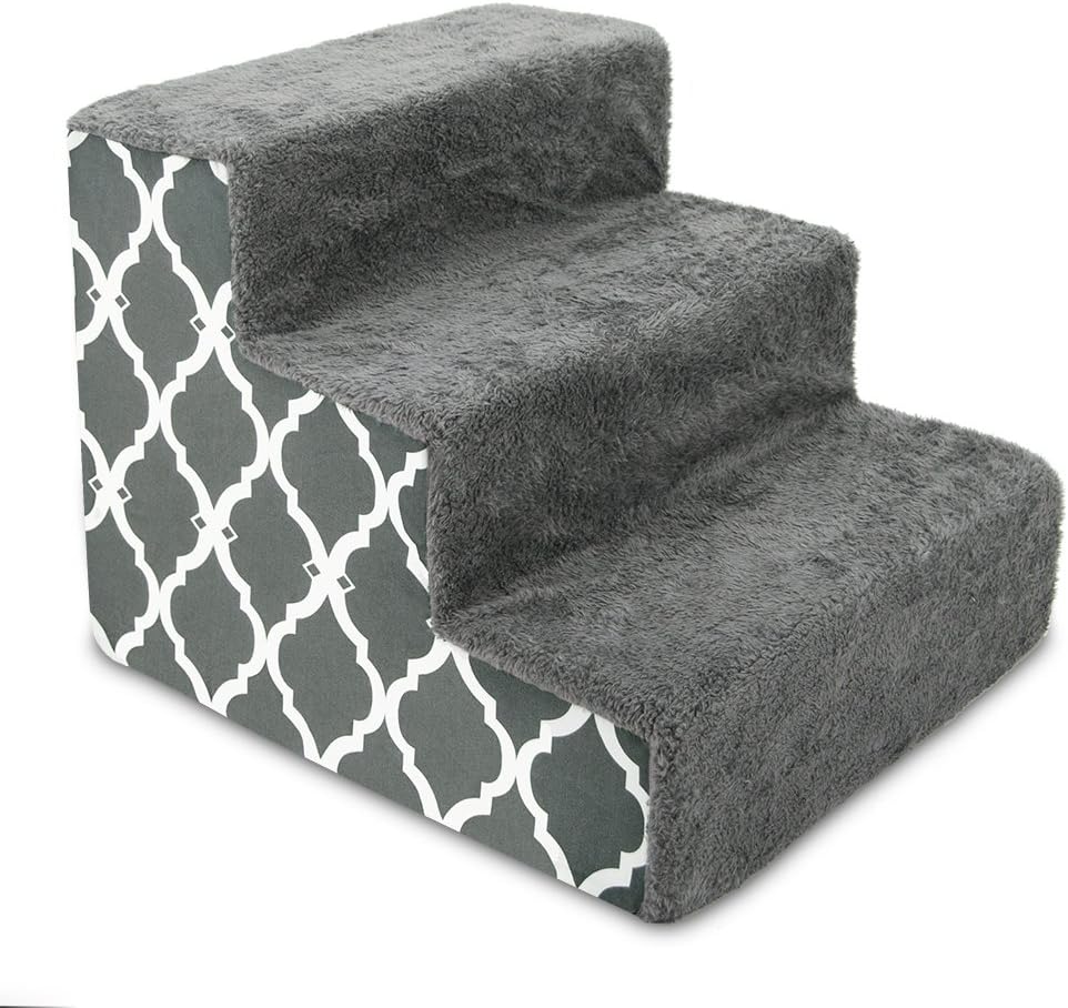 Best Pet Supplies Dog Stairs for Small Dogs & Cats, Foam Pet Steps Portable Ramp for Couch Sofa and High Bed Non-Slip Balanced Indoor Step Support, Paw Safe No Assembly - Gray Lattice Print, 3-Step