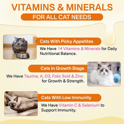 Cat Skin & Coat + Multivitamin - 500 Chews Crunchy & Creamy Cheese Core with Omega-3, Vitamins C & E, Biotin for Healthy Coat - Immune,Eye, Brain, and Bone Support for All Cats