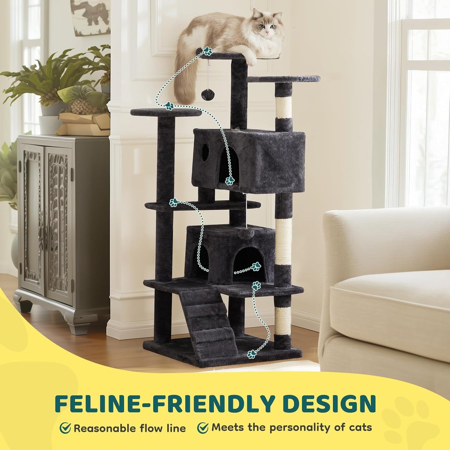 Cat Tree 54 Inch, Multi-Level Cat Tower with Condo, Perches, Sisal Scratching Posts and Climbing Ladder, Pet Play Toy Balls House for Indoor Cats, Dark Grey