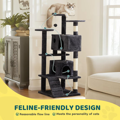 Cat Tree 54 Inch, Multi-Level Cat Tower with Condo, Perches, Sisal Scratching Posts and Climbing Ladder, Pet Play Toy Balls House for Indoor Cats, Dark Grey