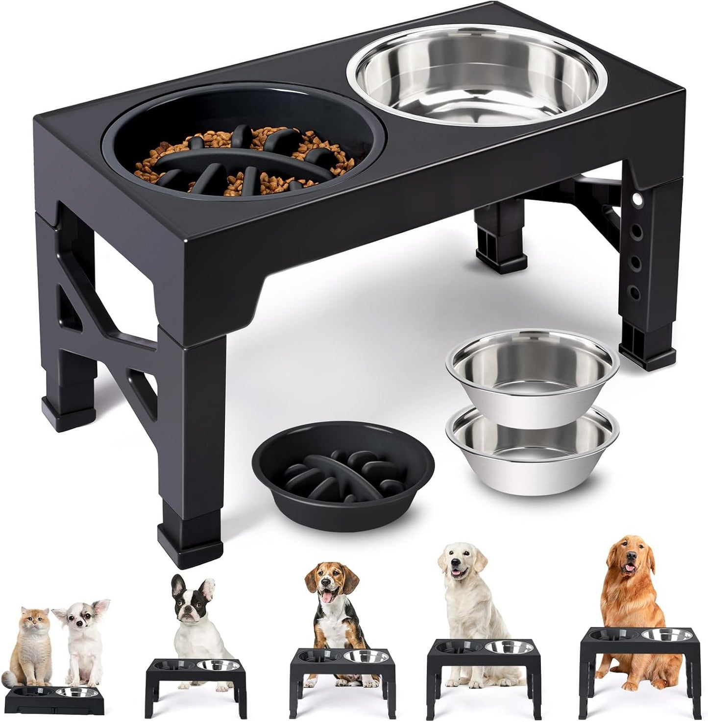 Heeyoo Elevated Dog Bowls - 5 Adjustable Heights Stand, 2 Stainless Steel Bowls & 1 Slow Feeder, 3.2" to 12.2" for Small to Large Dogs