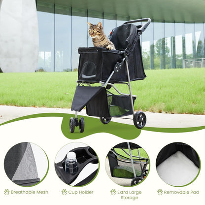 Smug 3 Wheels Pet Stroller, Cats and Dog Strollers with Storage Basket and Cup Holder, Breathable Mesh, Lightweight Travel Carrier, Waterproof and Foldable for Small Pets Outdoor Walk, Black