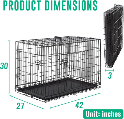 FDW Dog Crate for Large Dogs 42 Inch Folding Metal WirePet Cage Double Door W/Divider Panel Indoor Outdoor Kennel Leak-Proof Plastic Tray,Black