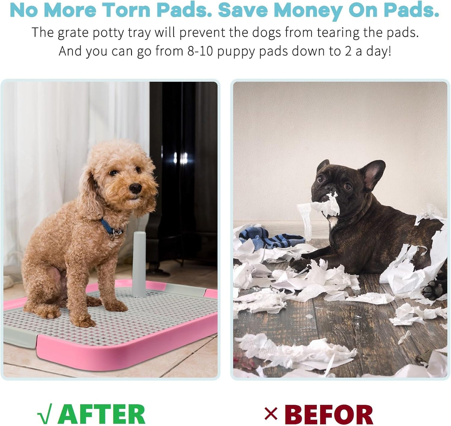 Dog Potty Tray Toilet 20"x14" Doggy Bathroom Dog Litter Box, Indoor Pee Pad Holder with 8pcs Training Pads, Puppy Pee Mesh Potty Training Tray with Secure Latch, Potty Pan for Small Medium Puppies