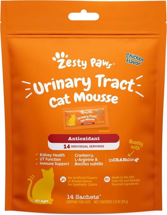 Zesty Paws Urinary Tract Cat Mousse - Kidney Support for Cats with Cranberry & D-Mannose - Healthy Cat Treats - Supports Bladder, Urinary Tract, Immune System & Gut Health - 14 Count