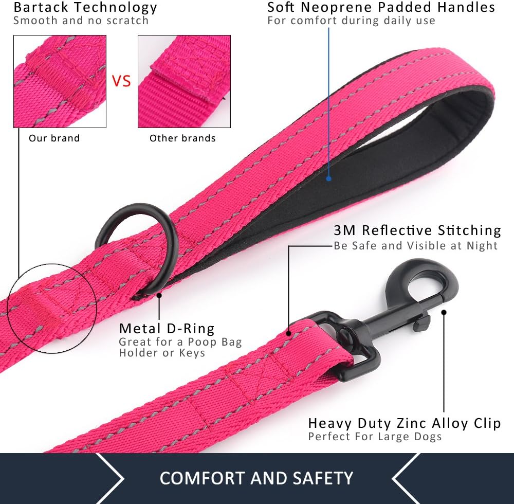 Plutus Pet Double Handle Dog Leash 6ft Long, Padded 2 Handle, Heavy Duty, Reflective Training Leash for Medium Large Dogs, Dual Handle Lead (Pink)