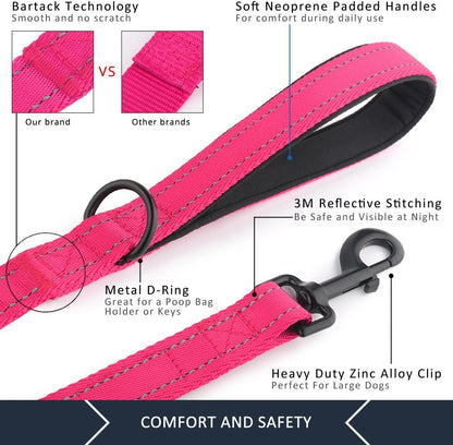 Plutus Pet Double Handle Dog Leash 6ft Long, Padded 2 Handle, Heavy Duty, Reflective Training Leash for Medium Large Dogs, Dual Handle Lead (Pink)