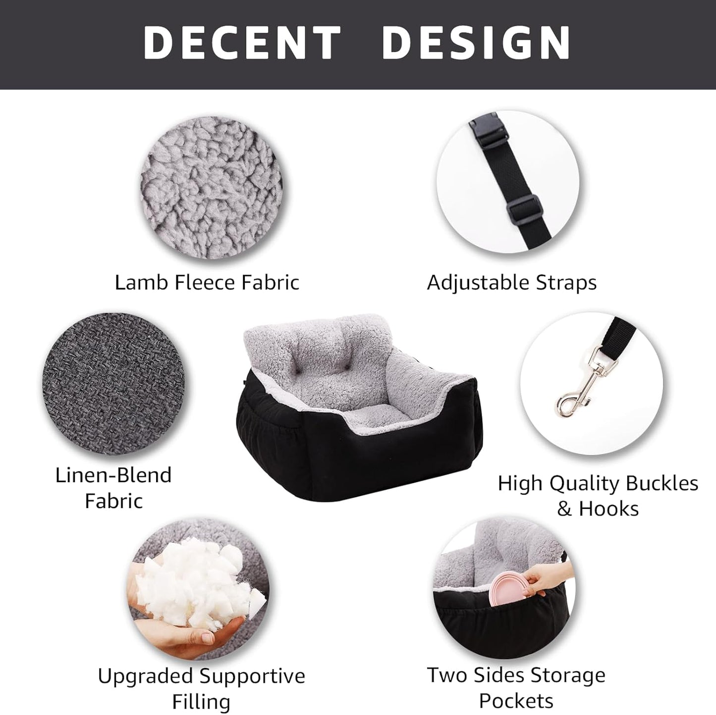 Dog Car Seat for Small Dogs,Washable Pet Booster Seats for Car with Clip-On Safty Leash, Reversible Puppy Carseat with Storage Pockets, Travel Carrier Bed for Dogs Under 25 lbs, Grey