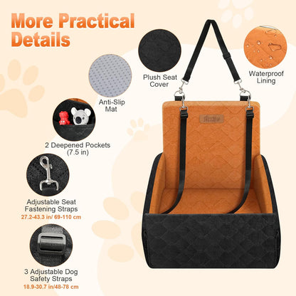 Elevated Dog Car Seat, Dog Booster Car Seats for Small & Medium Breeds Up to 35lbs, Fully Detachable and Washable, Memory Foam Pet Carseat with 2 Storage Pockets & 3 Safety Belts, Black + Brown