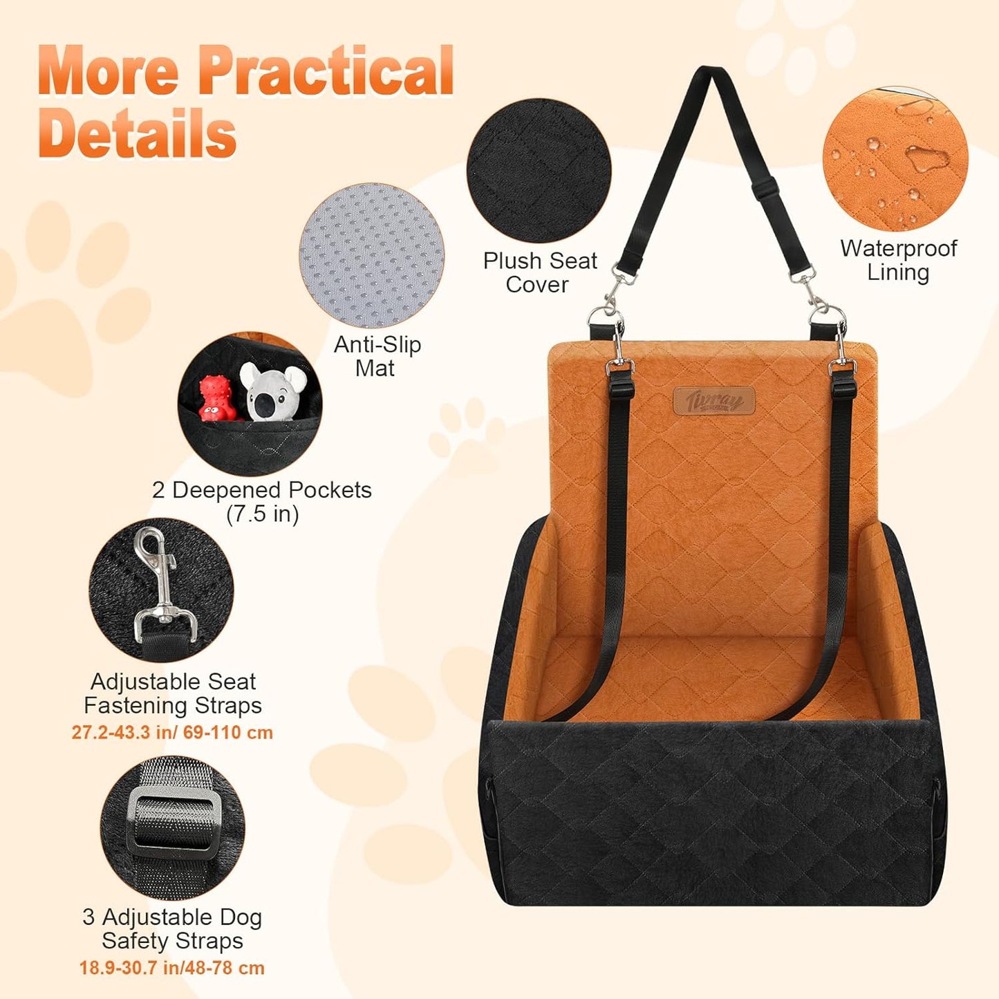 Elevated Dog Car Seat, Dog Booster Car Seats for Small & Medium Breeds Up to 35lbs, Fully Detachable and Washable, Memory Foam Pet Carseat with 2 Storage Pockets & 3 Safety Belts, Black + Brown