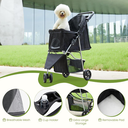 Smug 3 Wheels Pet Stroller, Dog and Cat Strollers, Storage Basket and Cup Holder, Breathable Mesh, Lightweight Travel Carrier, Waterproof and Foldable for Small Pets Outdoor Walk, Black