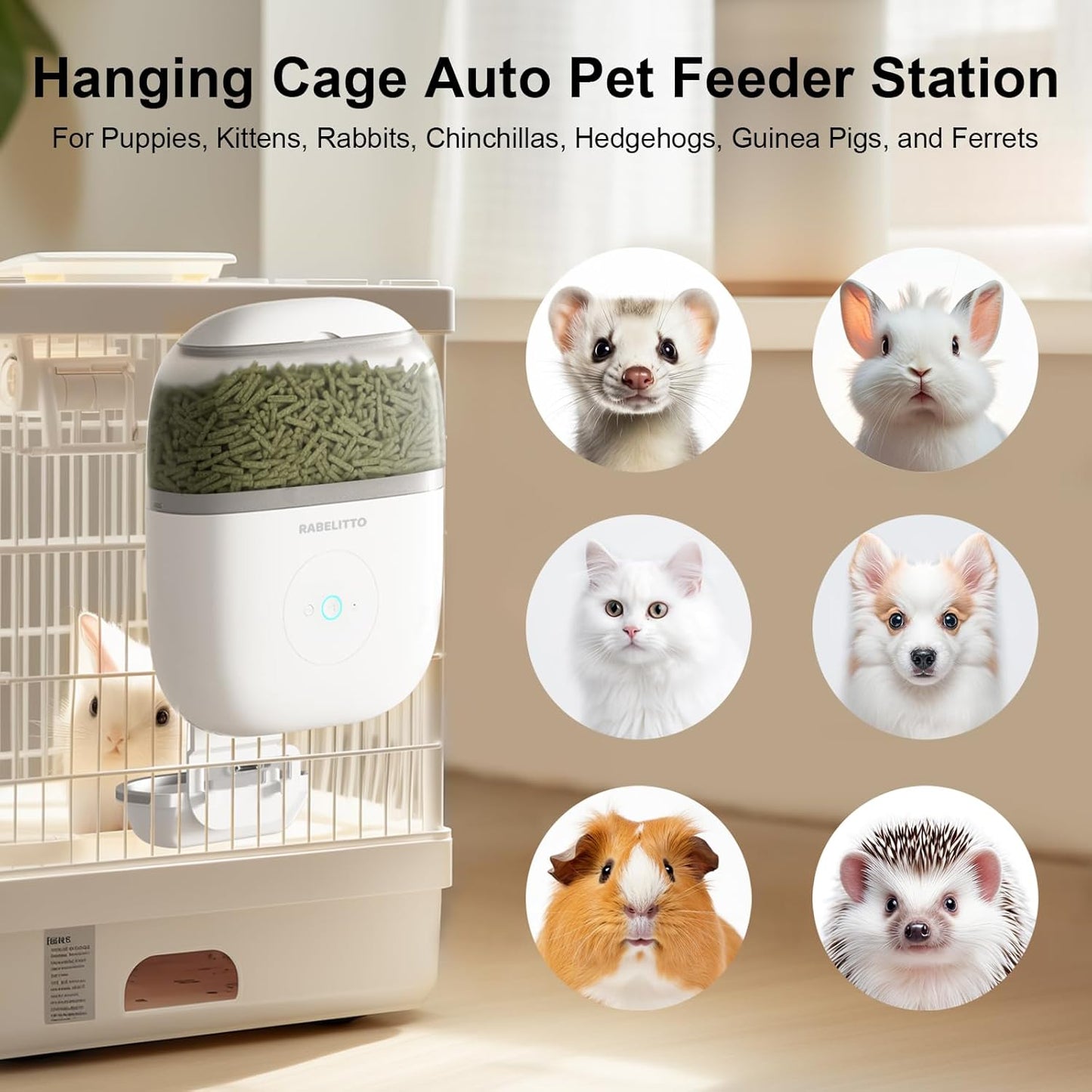 Hanging Automatic Rabbit Feeder with 1080P HD Camera,WiFi Smart APP Control 1-10 Meals A Day, 62oz Storage, Multiple Pet Cage Compatibility, Small Animal Food Dispenser for Bunny Chinchilla Guinea Pig
