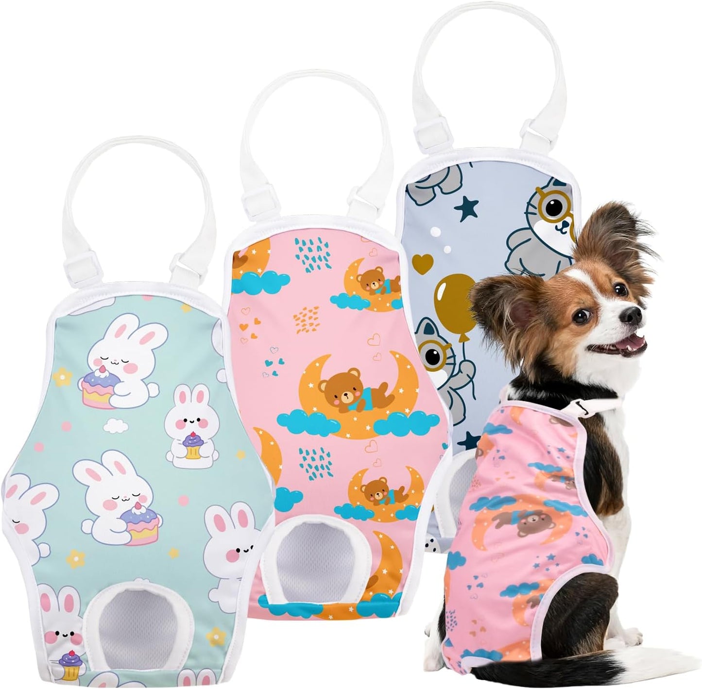 3 Pack Washable Female Dog Diapers with Adjustable Suspender, Reusable Sanitary Panties for Dogs in Heat, Leak-Proof Design for Newborn Dogs(S, Cute Animals)