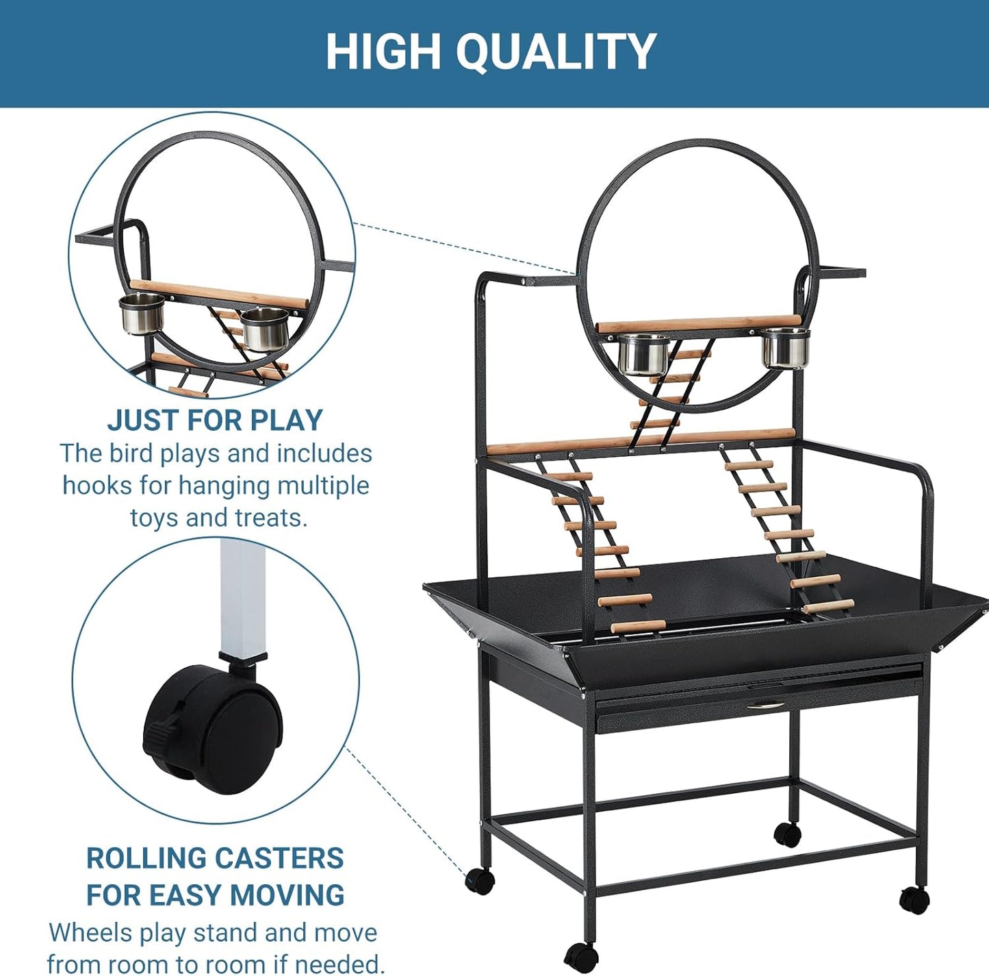 Bird Playstand, 66 in H Inch Birdcage Stand Activity Play Center with Perches and Ladders, Removable Tray, Indoor Outdoor Playground for Parakeet, Cockatiels Conures Parrots, Lockable Caster, Black