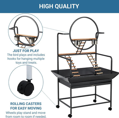 Bird Playstand, 66 in H Inch Birdcage Stand Activity Play Center with Perches and Ladders, Removable Tray, Indoor Outdoor Playground for Parakeet, Cockatiels Conures Parrots, Lockable Caster, Black