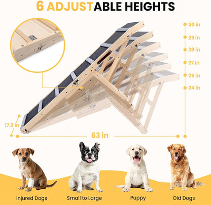 Dog Ramp for Bed – Adjustable 6-Level 24" to 30" Foldable Pet Ramp with Rubber Mat & Safety Side Rails, Ideal for Small, Medium, Large & Senior Dogs Up to 200 lbs