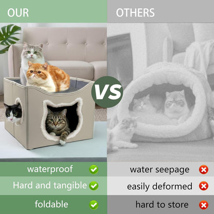 Cat Beds for Indoor Cats, Large Cat Houses with Cozy Condo,with Premium Tech Fabric& Scratch Pad, Round Window, Foldable Indoor Cat House Hold Up to 30LBS, with Reversible Cushion for Multi Small Pet