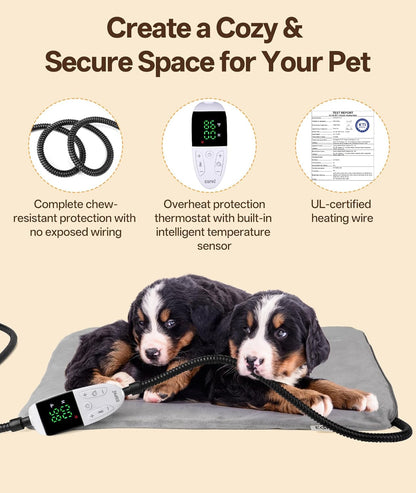 Ringco Large Dog Heating Pad with 12 Adjustable Temperature, Waterproof & Chew Resistant Pet Heating Pad with Timer, Heated Dog Bed with Fleecy Cover (L: 32” x 20”)