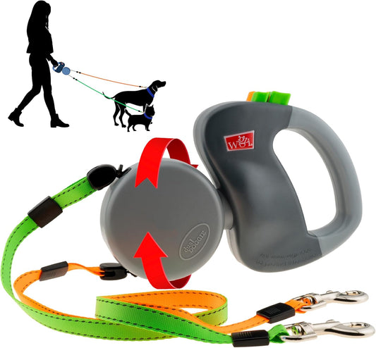 WIGZI - 2025 Enhanced Edition - Dual (2) Dog Retractable Leash, Auto-Untangles, Supports Up To 50lb Dogs, 10ft Distance Each Dog, Color-Coded Control, Reflective Leads, Waterproof, Gray Color