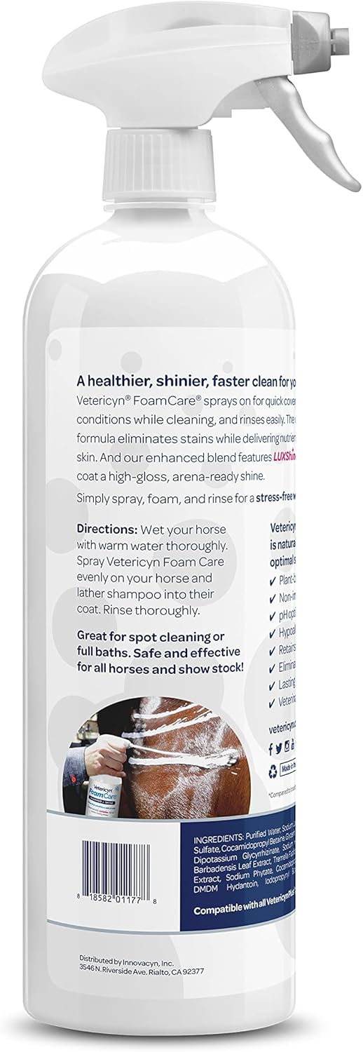 Vetericyn FoamCare Horse Shampoo - Equine Instant Foam Sprayable Shampoo with Aloe to Promote Healthy Skin and Coat, Paraben Free, Cleans, Moisturizes, and Conditions Horse's Coat. 32 fl. oz.