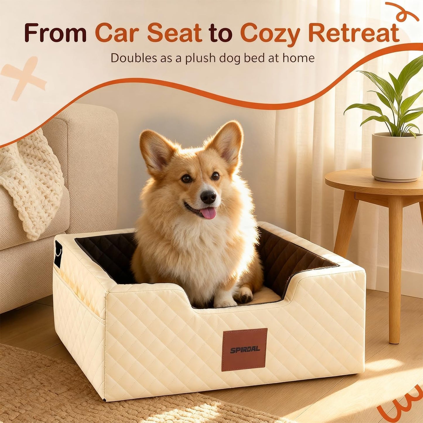 Travel Bed & Booster Seat for 1 Large or 2 Small Dogs | Dog Car Seat for Large and Medium Pets | Plush Car Bed for Vehicles | Removable 600D Oxford Cover, Dual Safety Straps & Non-Slip Base