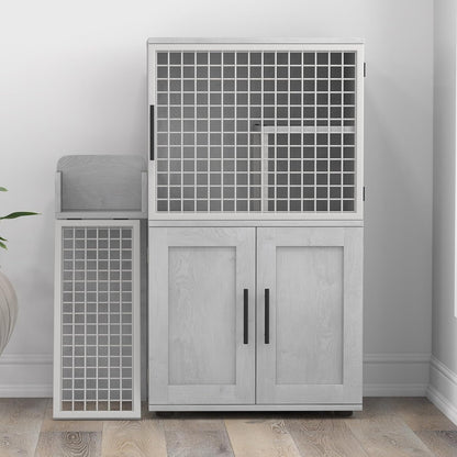 GAOMON Cat Litter Box Enclosure with Platform, Double Layer Hidden Cat House Furniture, Modern Indoor Cat Villa with Ladder, Kitty Washroom Cabinet for Indoor Cats - White