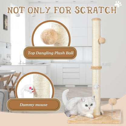 ANWA 32" Tall Cat Scratching Posts for Indoor Cats, 3-in-1 Vertical Cat Scratching Post with Plush Toys, Premium Sisal Post for Cats at All Ages with Reinforced Stable Base, Beige