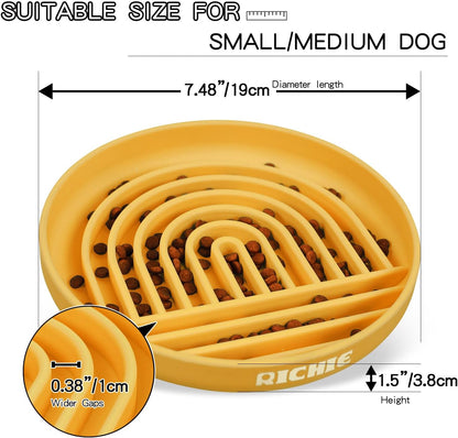 Slow Feeder Dog Bowls with Suction Cups, Silicone Puzzle Bowl for Slow Eating, Pets Slow Feeder Non-Slip Design Dishwasher Microwave Safe for Small Medium Dogs, Yellow