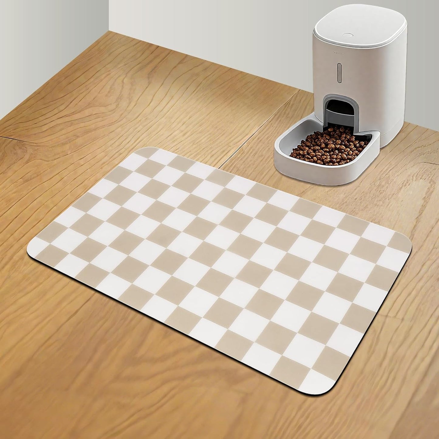 Checkered Dog Food Mat, Absorbent Leak-Proof Pet Feeding Mat, Quick Dry Cat Food Mat for Messy Drinkers 12" x 20" Khaki