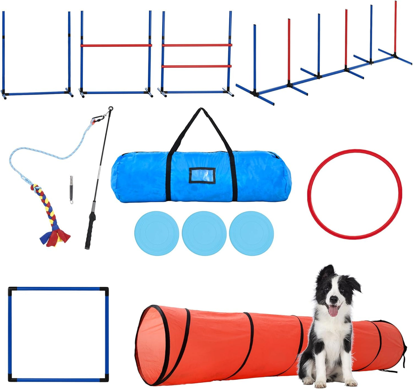 DWVO Dog Agility Accessories Kit: Comprises of a Teaser Pole, 2 Hurdles, 3 Flying Discs, 6 Weaving Poles, Agility Tunnel, Pause Box, Full Set of Agility Equipment for Backyard Indoors Outdoors