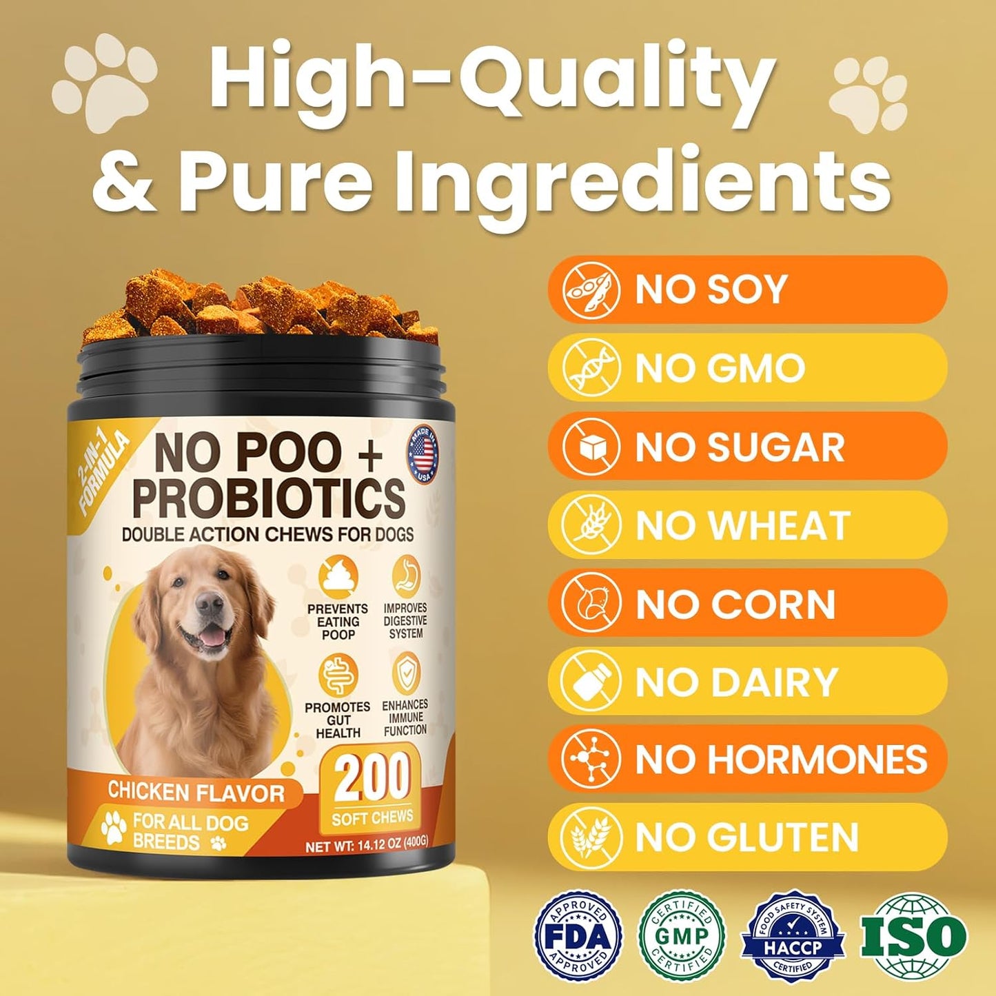 200 Chews No Poo&Probiotic Chew For Dogs-2 In 1 Control Coprophagia&Probiotics Supplement- Natural Soft Treats Deterrent Eat Poop-Digestive Enzymes with Prebiotics Support Gut Health-Chicken Flavor