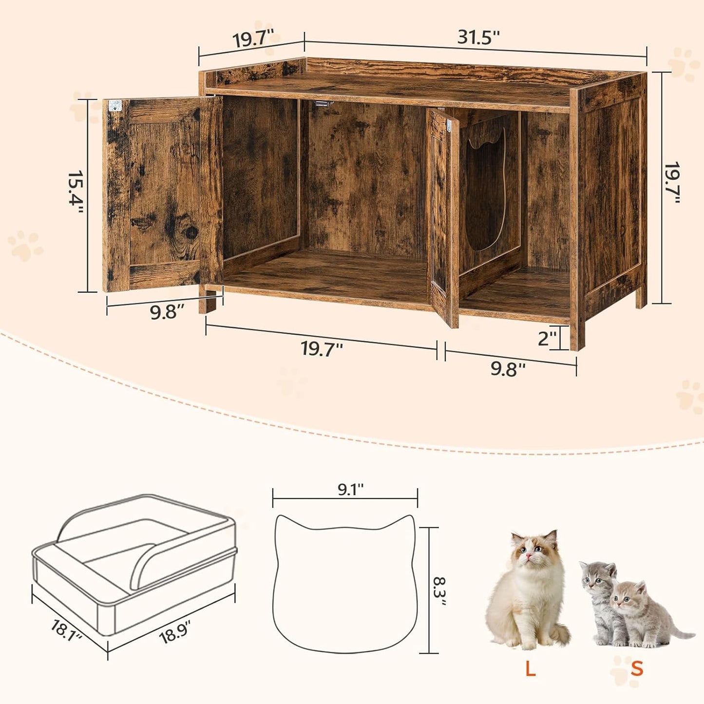 31.5" Cat Litter Box Enclosure and 31.5" Dog Crate Furniture Bundle, Hidden Litter Box Furniture with Divider, Heavy Duty Dog Kennel for Small Dogs, Indoor Pet House, CWHR2501Z-DCHR8001