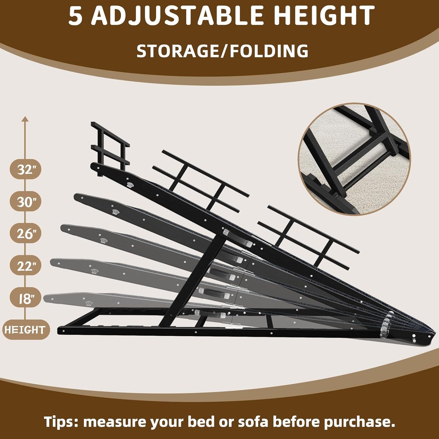 Dog Ramp for Bed - 65" Length, Supports up to 32" Height,Includes Non-Slip Replaceable Carpet, Safety Rails & Landing Platform,Adjustable & Foldable Pet Ramp for Large/Senior Dogs to Get on Bed-Black