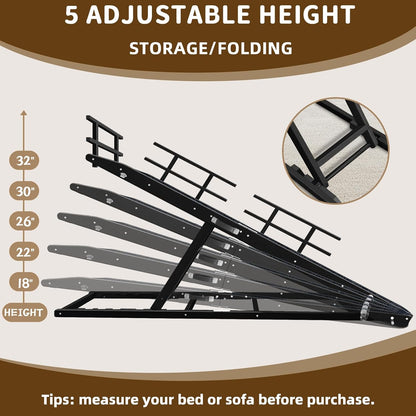 Dog Ramp for Bed - 65" Length, Supports up to 32" Height,Includes Non-Slip Replaceable Carpet, Safety Rails & Landing Platform,Adjustable & Foldable Pet Ramp for Large/Senior Dogs to Get on Bed-Black