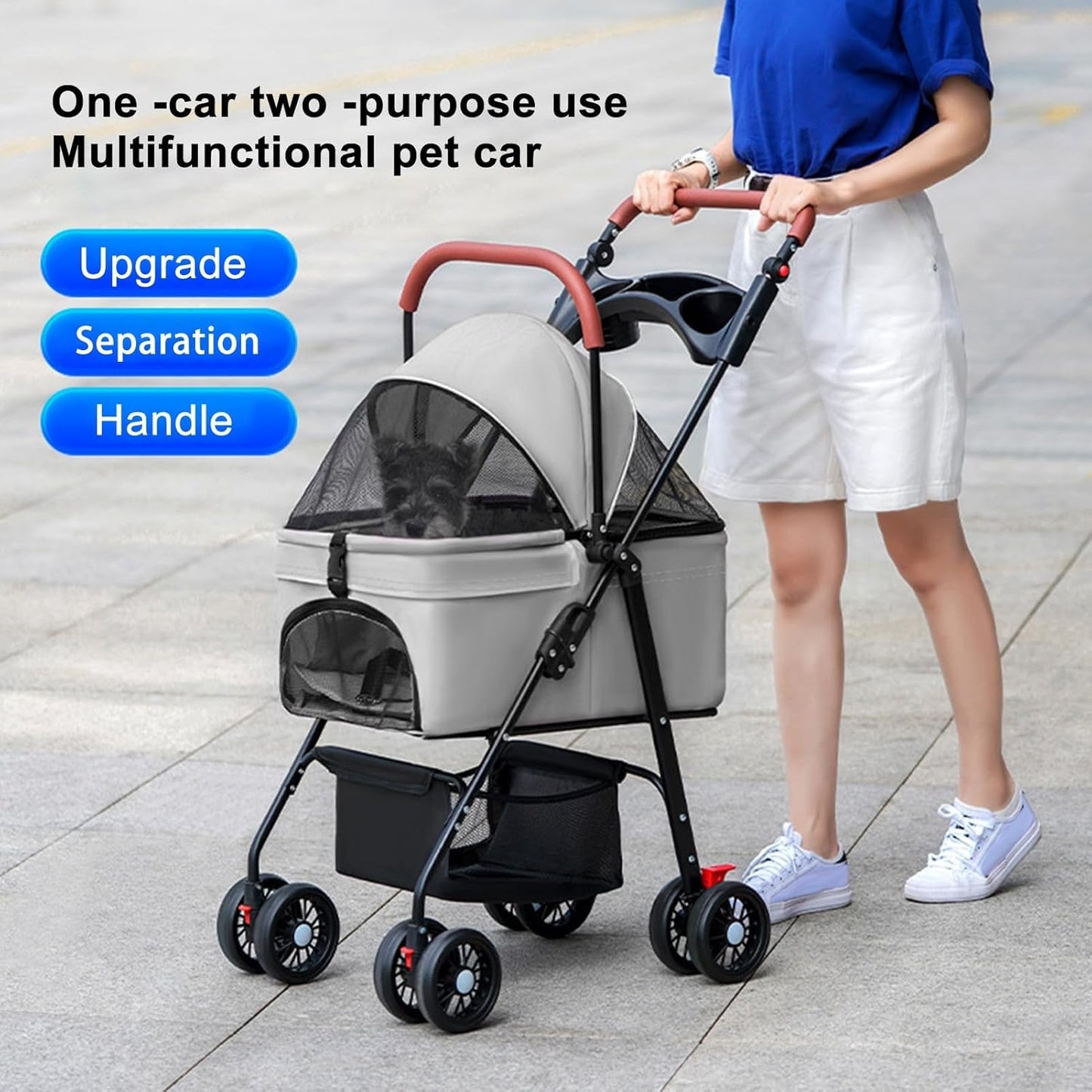 Pet Stroller-Folding 4 Wheels Cat/Dog Stroller for Medium Small Pets with Storage Basket and Cup Holder Suitable for Going Out and Traveling (Grey)