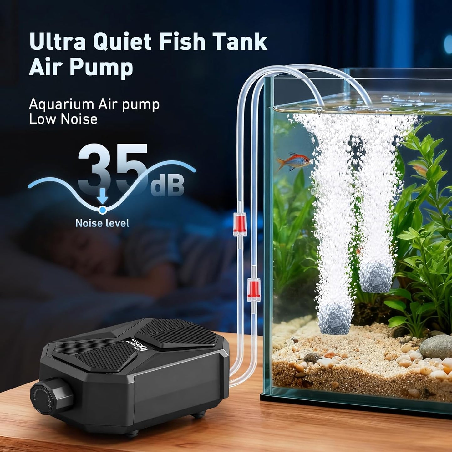 hygger Aquarium Air Pump, Ultra Quiet Oxygen Aerator with Air Stone Airline Tubing Check Valve, Aquarium Fish Tank Air Bubbler for 3 to 79 Gallon Tank and Bucket