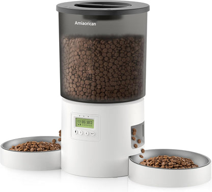 Automatic Cat Feeder for 2 Cats,4.2L Programmable 1-6 Meals Control Cat Food Dispenser,Dual Power Supply,10S Voice Record (Transparent White, Stainless Steel 2 Bowls)