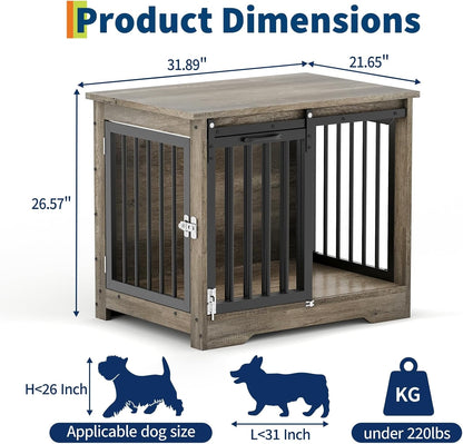 32" Dog Crate Furniture with Barn Doors for Small & Medium Dogs, Wooden Indoor Pet Kennel Furniture, Double Door Dog Cage & Side Table, Heavy Duty Chew & Escape Resistant