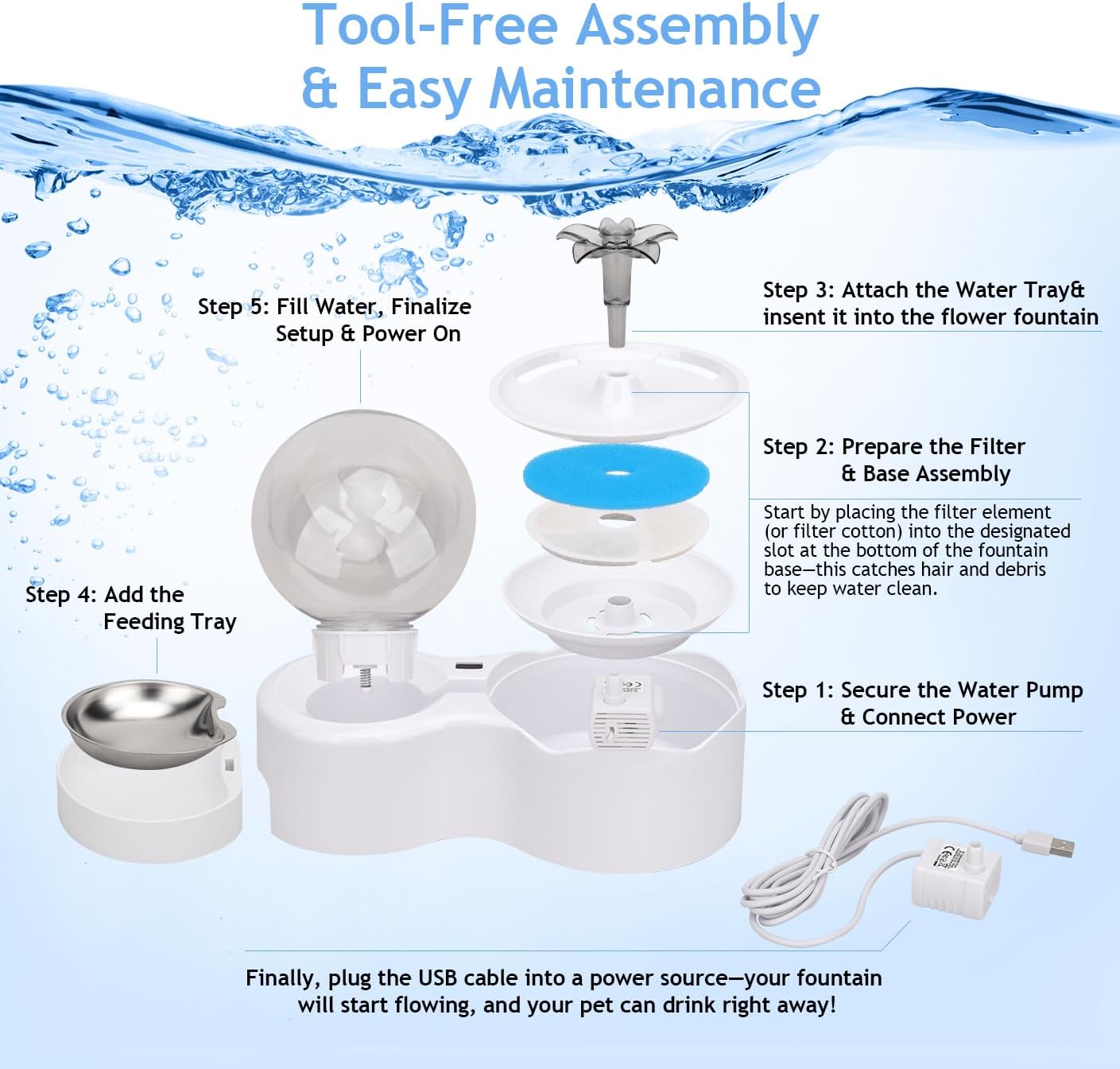 Cat Water Fountain with Food Bowl - Pet Fountain 2 in 1 Set, Automatic Pet Water Dispenser with 3 Drinking Modes, Cat Food and Water Dispenser Set for Cats and Small Dogs