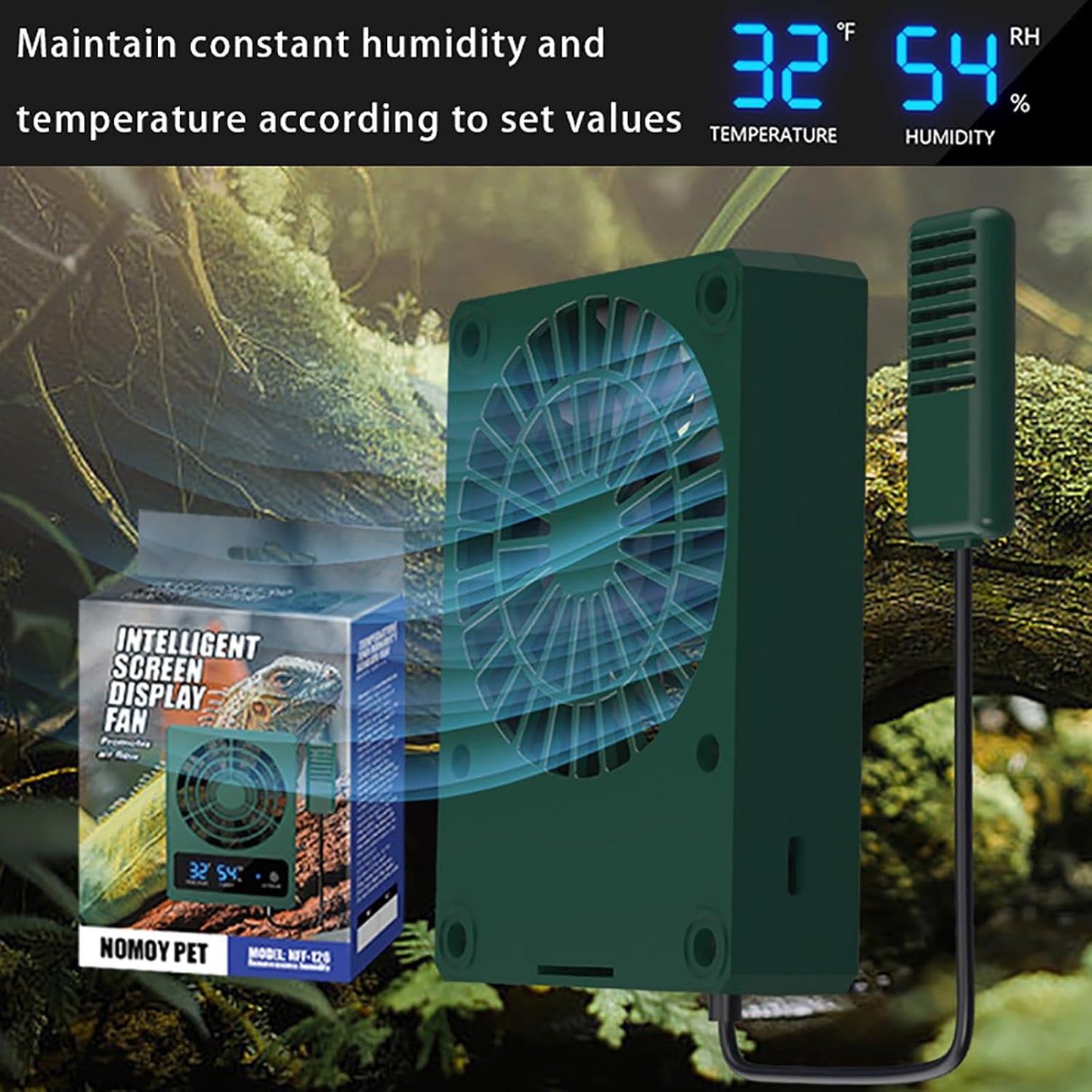Reptile Ventilation Fan with Humidity Sensor and High-Temp Alarm, Digital Display Fan Dehumidifier for Reptile Terrariums, Suitable for Humid Environments, Rainforests and Vivariums - Green